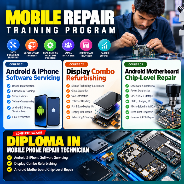 Mobile repair training program overview: software servicing, display refurbishment, chip-level repair and diploma
