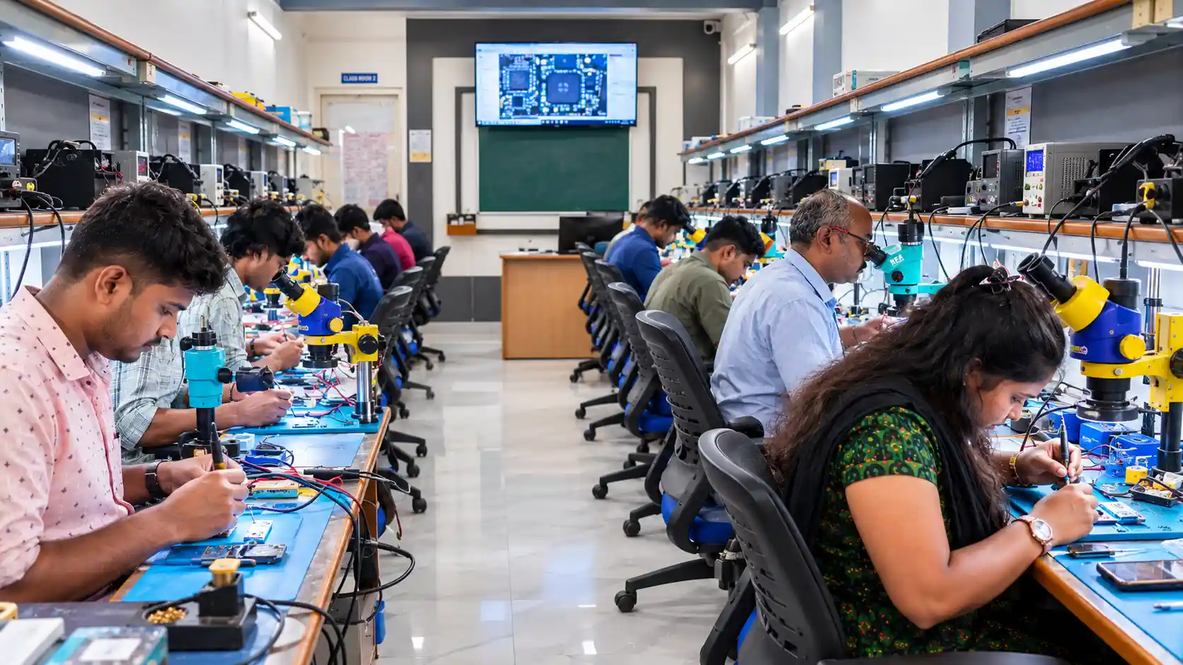Students learning mobile repair in the practical electronics workshop